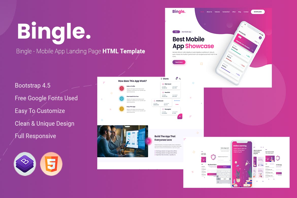 Bingle – Mobile App Landing Page HTML Theme