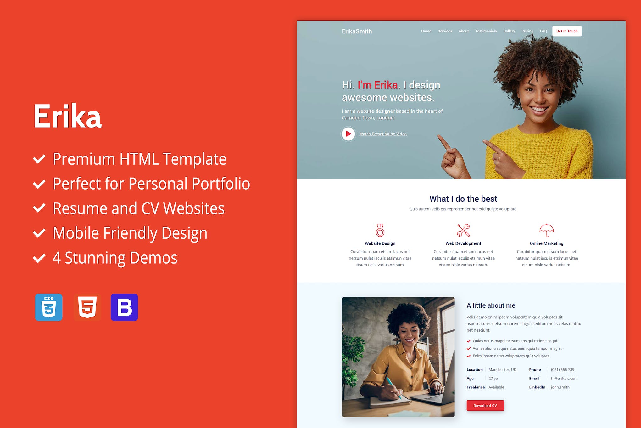 Erika – Portfolio, CV And Resume HTML Template