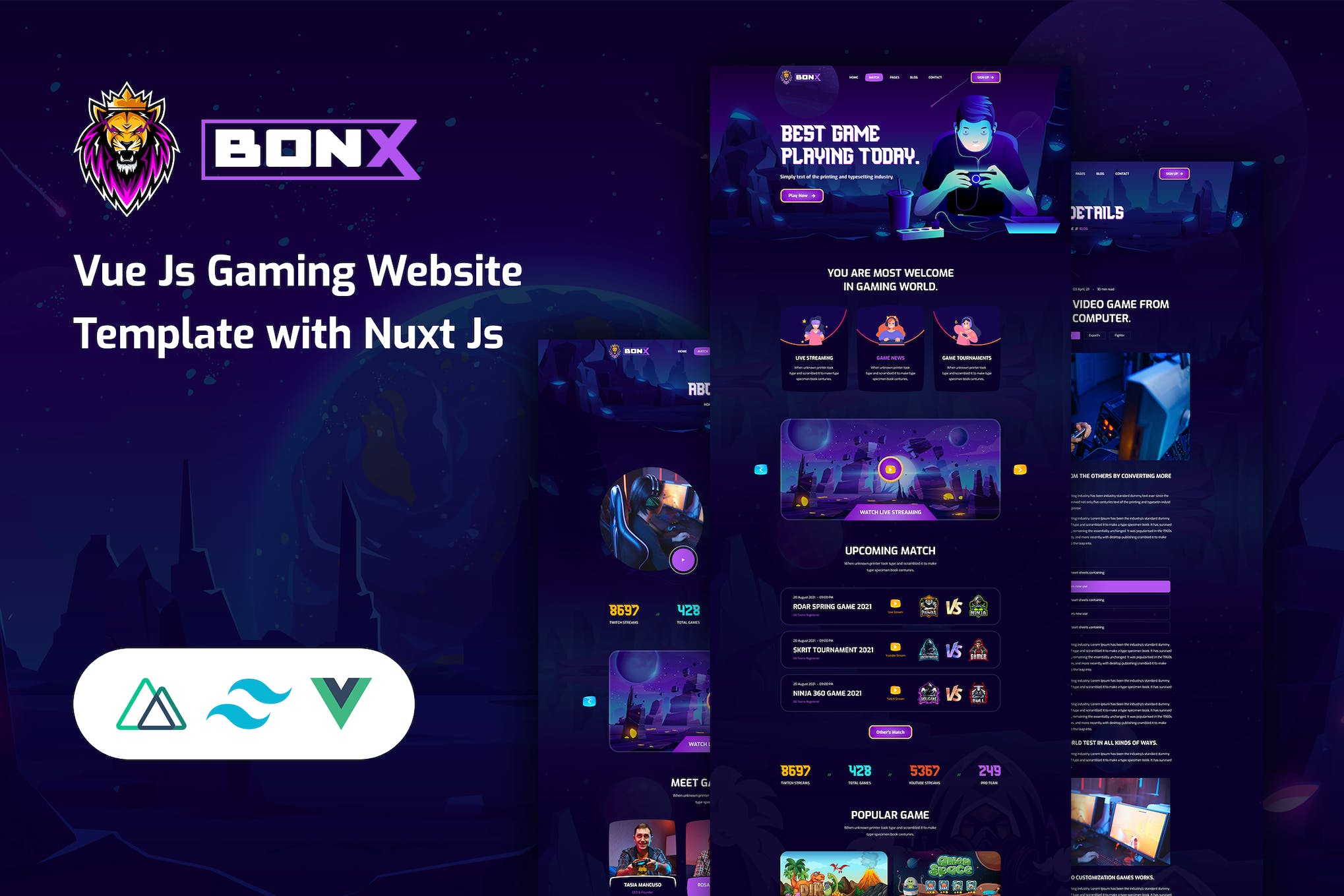 Bonx – Vue Js Gaming Website Template with Nuxt Js