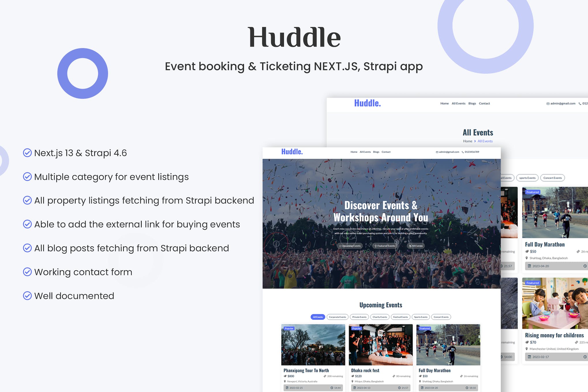 Huddle – Event booking & Ticketing NEXT.JS, Strapi