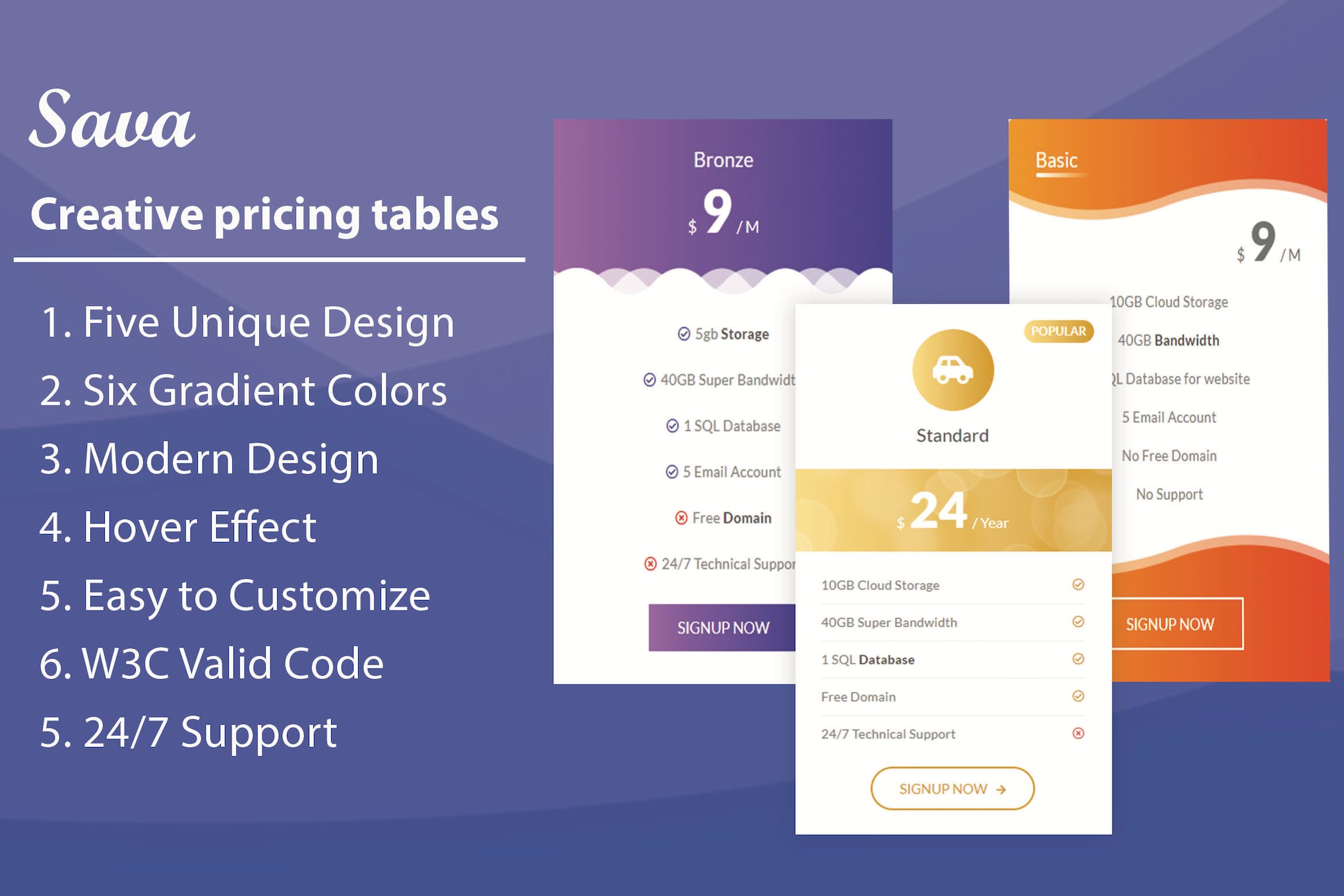 Sava – HTML Pricing Tables and Plans