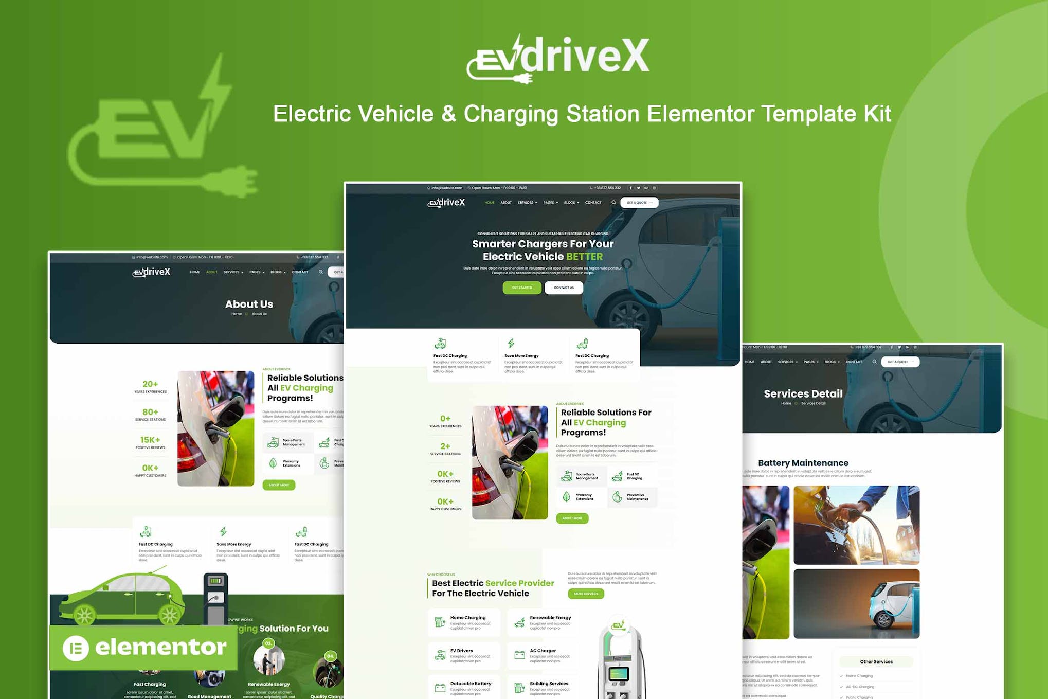 EVdriveX – Electric Vehicle & Charging Station Elementor Template Kit