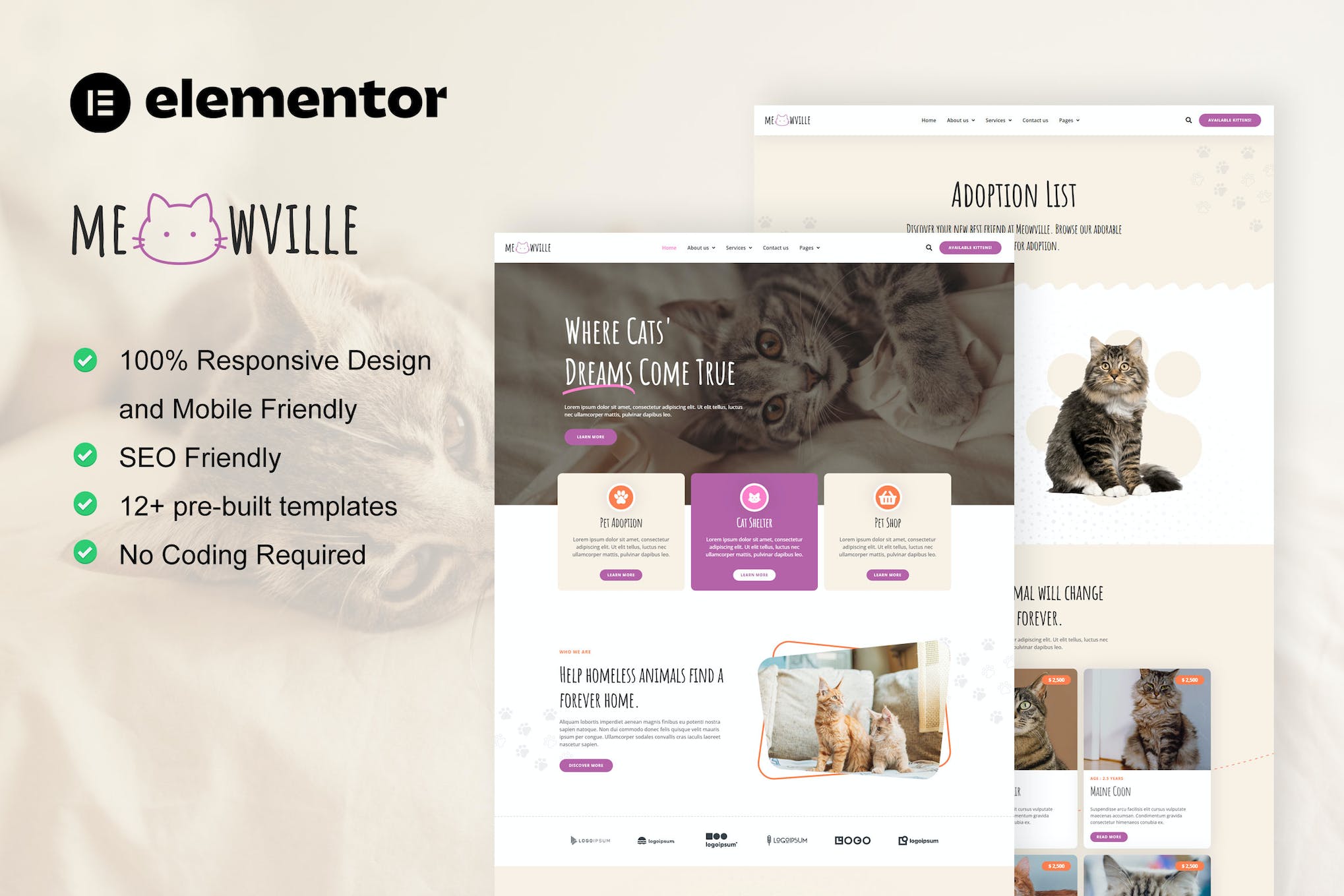 MeowVille – Animal Shelter & Cat Breeder Elementor Template Kit