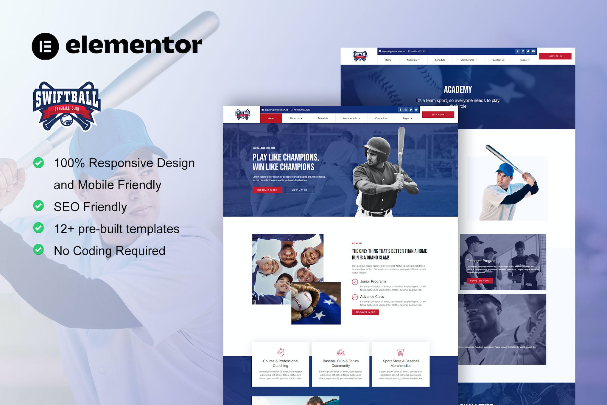 SwiftBall – BaseBall Team & Sport Club Elementor Pro Template Kit