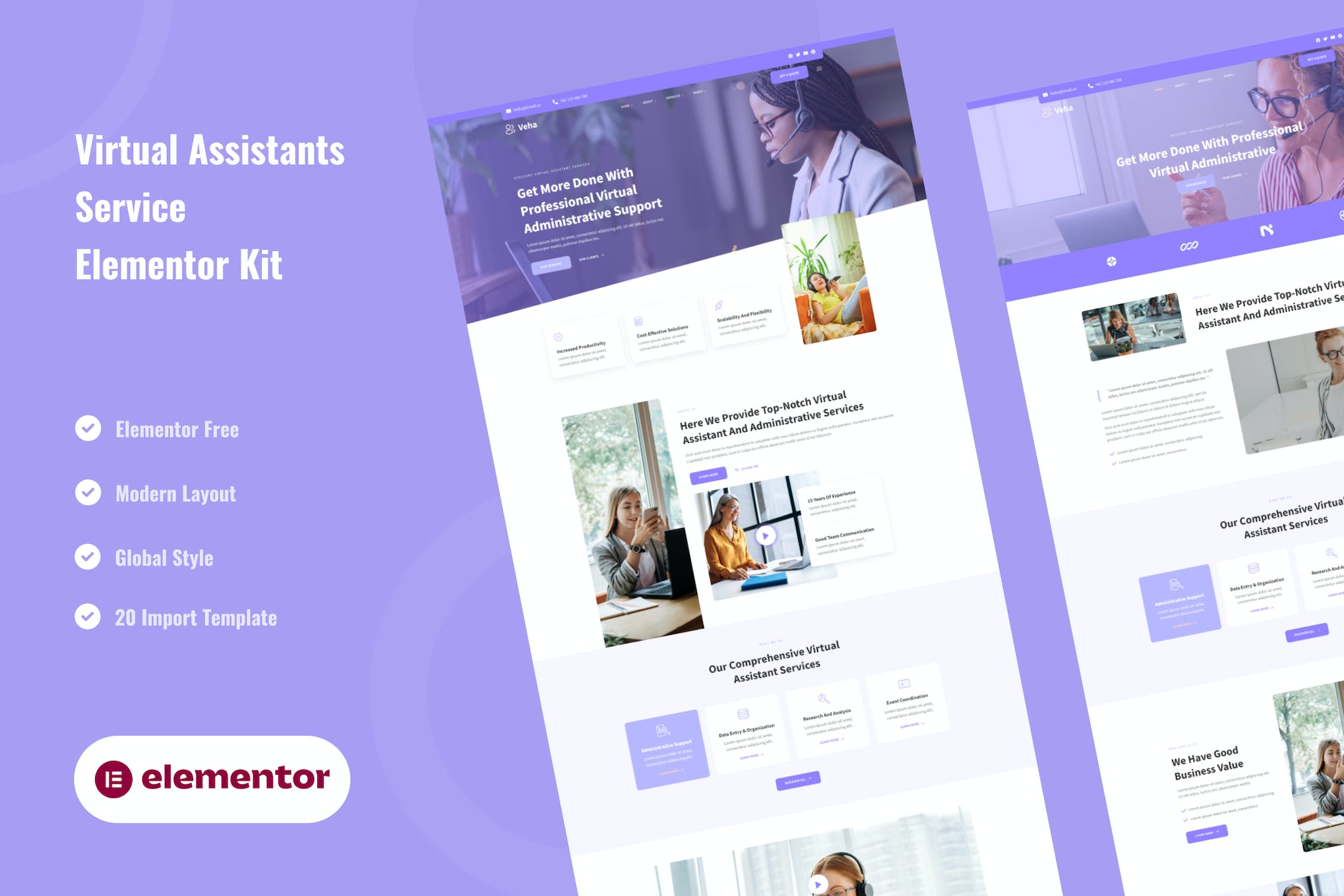 Veha – Virtual Assistant & Administrative Elementor Template Kit