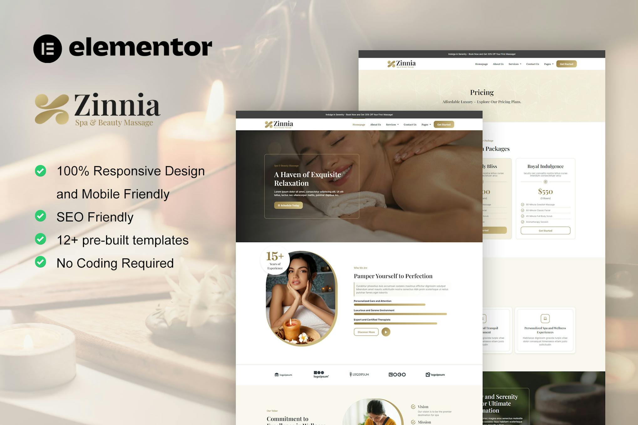Zinnia – Spa & Beauty Care Elementor Pro Template Kit