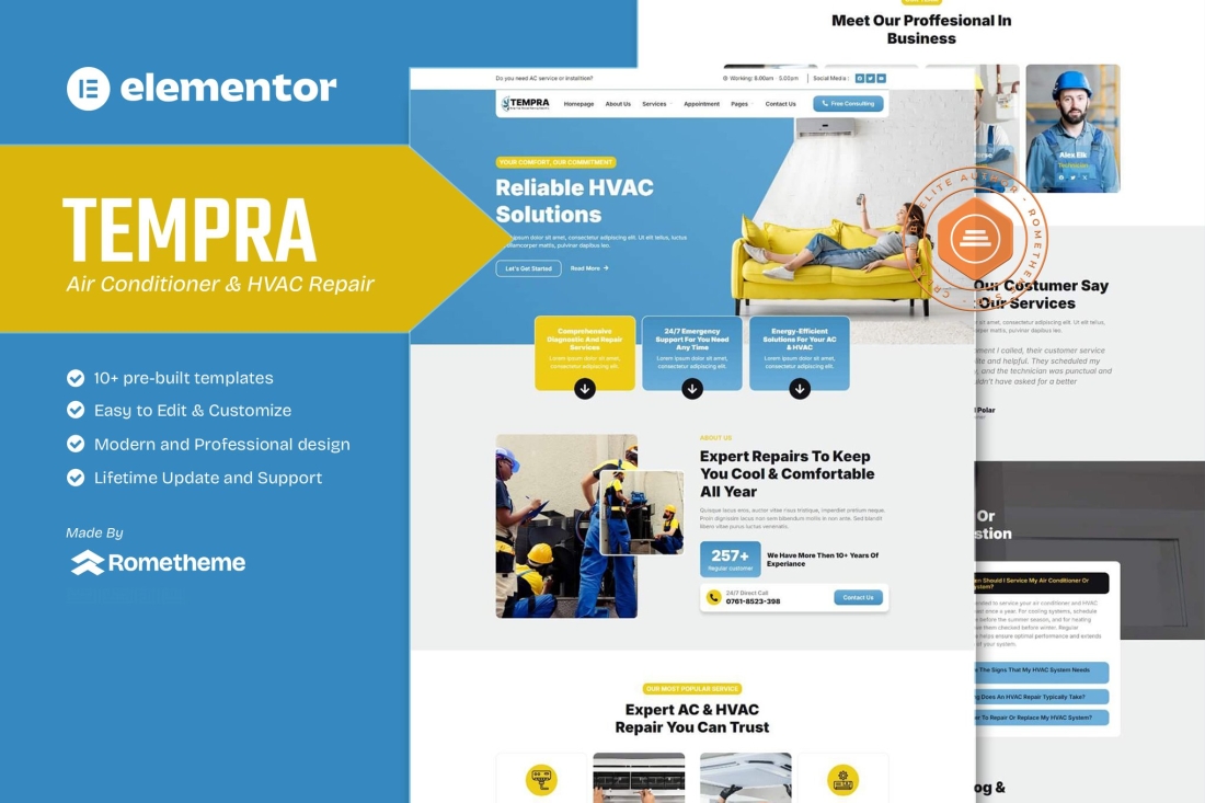 Tempra - Air Conditioner & HVAC Repair Elementor Template Kit