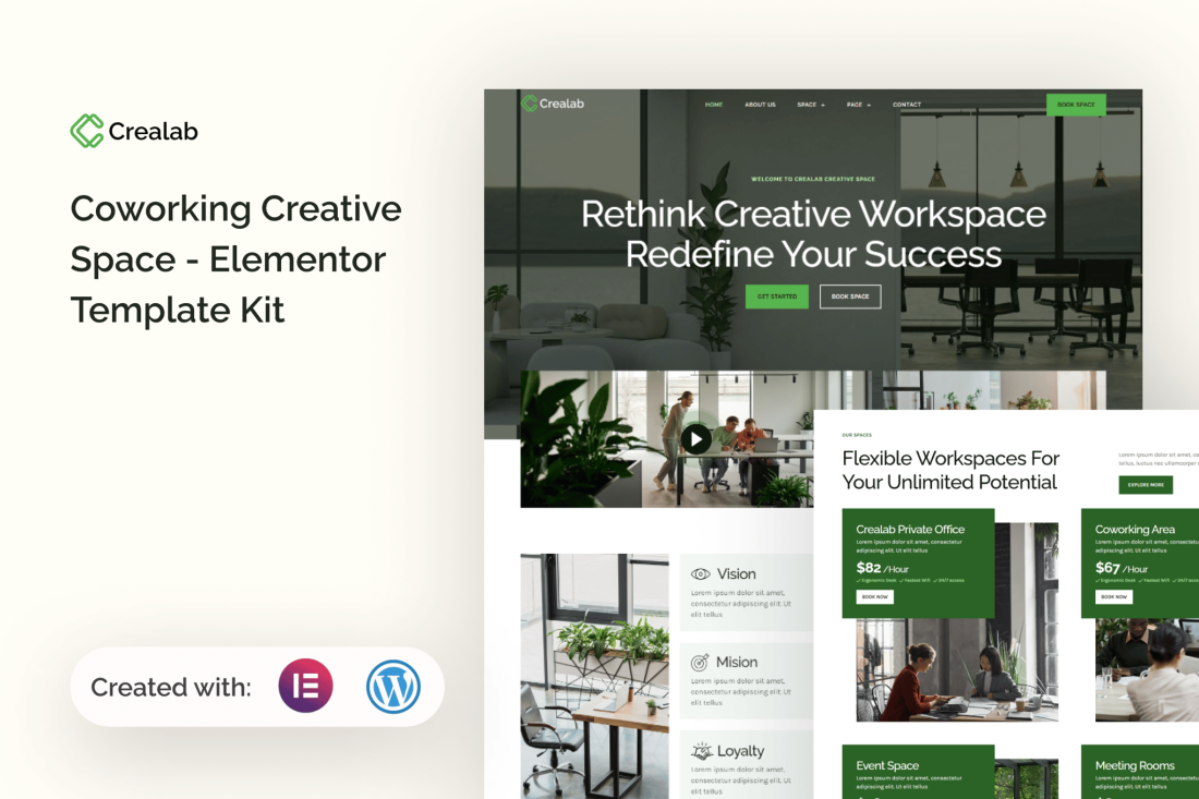 Crealab - Coworking Creative Space Elementor Template Kit